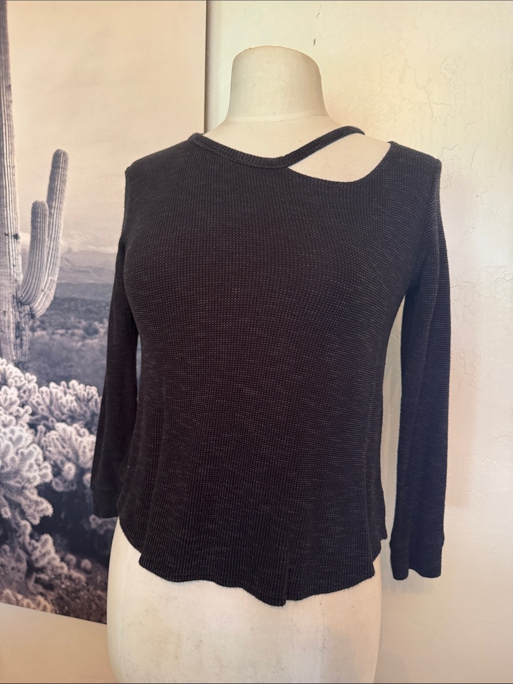 LNA Black Long-Sleeve Knit Top with Asymmetric Cutout